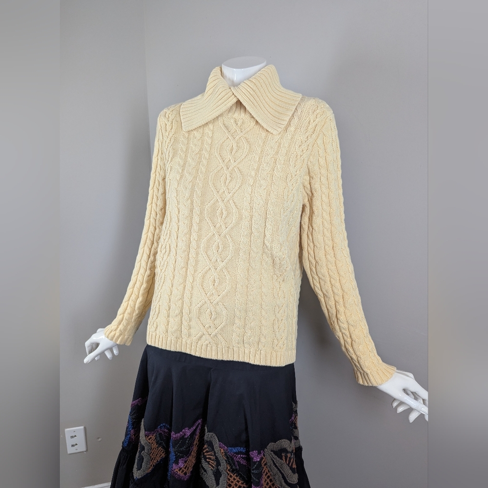 JEANNE PIERRE Cream Cable Knit Scoop Collar Sweater